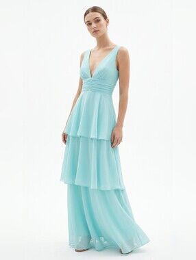 Lulu's Aqua Tiered V-Neck Maxi Dress - NWT - XXS